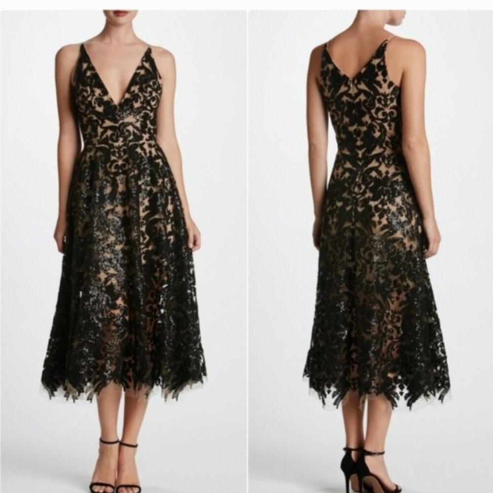 Dress The Population Blair Embellished Fit & Flair Cocktail Midi Dress Size Sm